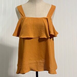 Favlux Womens L Tank Top Mustard Yellow Ruffle Overlay Boho Sleeveless Blouse